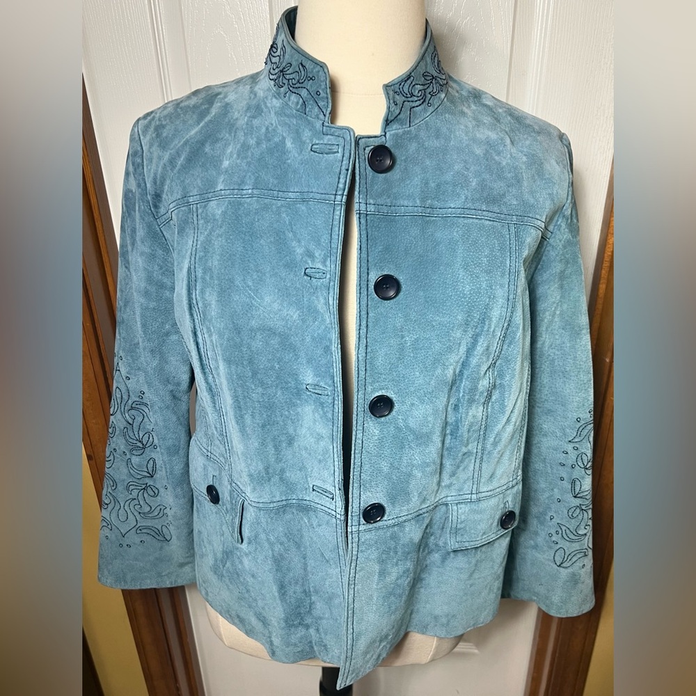 Pamela McCoy Suede Genuine Leather Jacket Shacket Embroidered Blue Women’s 1X